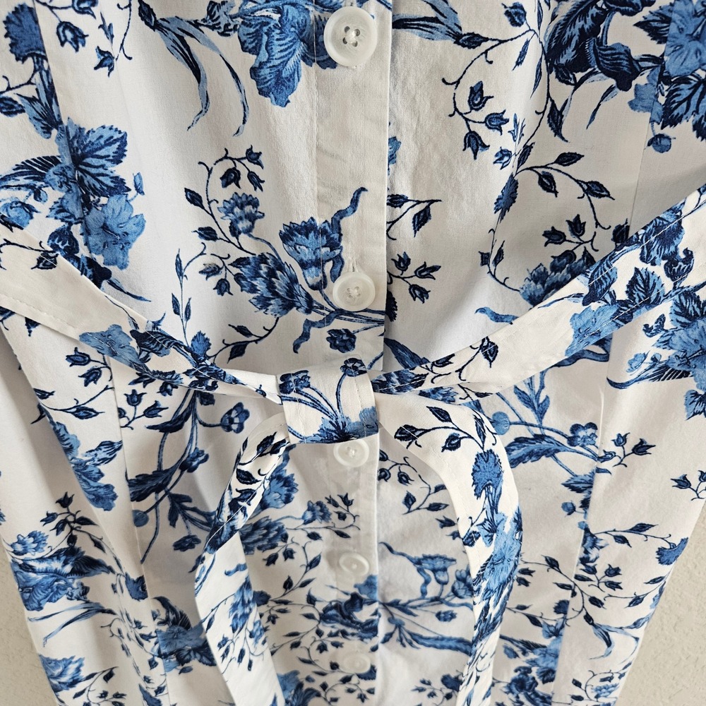 VTG Liz Claiborne Size L Shirt Dress Blue/White Tie Belt Floral Cotton Classic - Picture 3 of 11